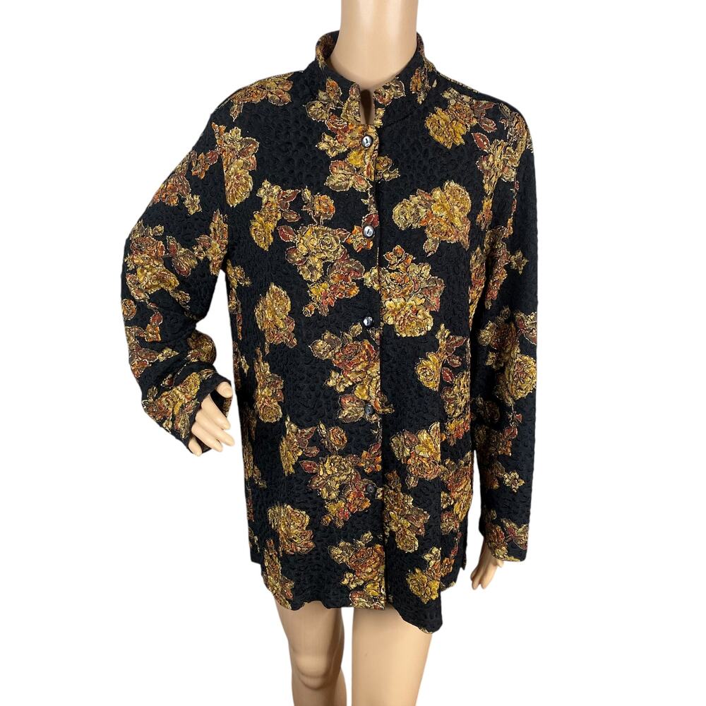 Coldwater Creek Black Gold Foil Floral Crinkle Cardigan M Whimsigoth Mock Neck